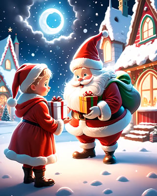  Digital illustration portraying ((Santa)) handing a gift to a child in a magical winter wonderland. Drawing inspiration from children's book illustrations, this artwork captures the enchantment of Christmas. ((Resolution: 8K, Lighting: Soft Light))
,more detail XL
