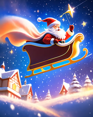 [Artistic Image] Digital illustration of ((Santa)) soaring through a starry sky on a sleigh. Inspired by festive illustrations on DeviantArt, this artwork combines fantasy elements with a touch of holiday magic. ((Resolution: 4K, Lighting: Fantasy Vivid Colors))

