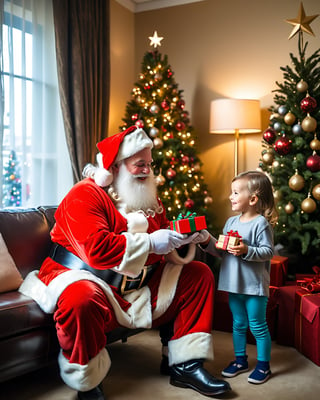 A touching moment captured with a ((50mm lens)): ((Santa Claus)) warmly presents a gift to a delighted child in a festively decorated living room. This photograph emulates the heartwarming essence of holiday family portraits,more detail XL