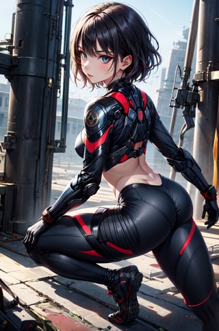 1anime girl, beautiful sexy Asia super model, 22 years old, full makeup, beautiful perfect thin face, body fit, correct anatomy, bright eyes, realistic body, photorealistic, 8k resolutions, raw photo, high detail, high quality, sharp focus, high depth, portrait, full body, warrior camo combat leggings and camo armor suit, sci-fi battlefield background, mid shot, short hair, back view,