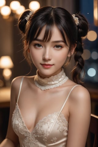 Here's the SD prompt:

A tender kiss on the cheek for me as you whisper 'I love you' in Hungarian. Photorealistic 8K portrait of a stunning 16-year-old girl with cute face, beautiful eyes, and delicate features. She wears a champagne-colored turtleneck wedding dress on a tabletop setup under soft light, city lights at night casting a warm glow. Her slender body and perfect anatomy are highlighted by cinematic lighting. She looks directly at the camera with a subtle grin (0.7) as her black hair styled in twin tails frames her beautiful face with intricate details.