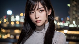 Here is a high-quality, photorealistic prompt based on your input:

A masterpiece of 8K wallpaper, featuring a stunningly beautiful 16-year-old girl with cute face, beautiful eyes in every detail. She wears a dark grey turtleneck sweater and sits alone at night, surrounded by city lights that cast a soft, cinematic glow. Her long, black hair is styled in twin tails, framing her slender body and perfectly proportioned features. Her gaze is directed str, which seem to sparkle like bright jewels in the soft light. Her skin is smooth and unblemished, with a subtle sheen that suggests a flawless complexion. The focus is sharp, with no distractions or noise to detract from the subject's captivating beauty.

In this highly detailed image, every aspect of the girl's appearance is carefully rendered, from her beautiful black hair to her delicate features and slender physique. The overall effect n reign supreme.