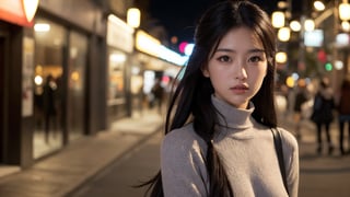 Here is a high-quality, photorealistic prompt based on your input:

A masterpiece of 8K wallpaper, featuring a stunningly beautiful 16-year-old girl with cute face, beautiful eyes in every detail. She wears a dark grey turtleneck sweater and sits alone at night, surrounded by city lights that cast a soft, cinematic glow. Her long, black hair is styled in twin tails, framing her slender body and perfectly proportioned features. Her gaze is directed str, which seem to sparkle like bright jewels in the soft light. Her skin is smooth and unblemished, with a subtle sheen that suggests a flawless complexion. The focus is sharp, with no distractions or noise to detract from the subject's captivating beauty.

In this highly detailed image, every aspect of the girl's appearance is carefully rendered, from her beautiful black hair to her delicate features and slender physique. The overall effect n reign supreme.
