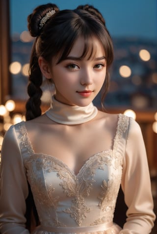 Here's the SD prompt:

A tender kiss on the cheek for me as you whisper 'I love you' in Hungarian. Photorealistic 8K portrait of a stunning 16-year-old girl with cute face, beautiful eyes, and delicate features. She wears a champagne-colored turtleneck wedding dress on a tabletop setup under soft light, city lights at night casting a warm glow. Her slender body and perfect anatomy are highlighted by cinematic lighting. She looks directly at the camera with a subtle grin (0.7) as her black hair styled in twin tails frames her beautiful face with intricate details.