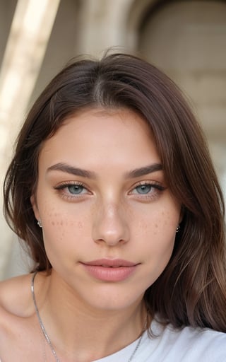 20-year-old female, precisely 1.70m tall, blue eyes. Hair: medium brown with an undertone of chestnut, cascading down to the mid-back, naturally wavy with a slight sheen, and a thickness of approximately 0.05mm per strand. Skin: clear, with a sun-kissed tan, slight freckling across the bridge of the nose. Eyes: almond-shaped with a mix of forest green and a touch of hazel, approximately 12mm apart. Eyebrows: arch-shaped with a thickness of 2mm, matching the hair color but a shade darker. Nose: straight with a slight upturn at the tip, bridge width of 13mm. Lips: upper lip slightly thinner than the lower lip, a natural shade of pink with a width of approximately 55mm when lips are closed. Chin: slightly pointed with a soft dimple in the center. Ears: slightly protruding, with a length of 65mm and a gentle curve. Neck: slender with a circumference of 310mm. 11 inches breasts, scene (modern appartement), Diamond studs, silver locket, thin silver bracelet, taken with mobile camera, bright instagram LUT, BREAK