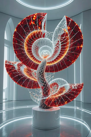 Front view of a museal sculpture displayed on a futuristic pedestal in the white room inside a futuristic museum. BREAK The artwork is an abstract fractal AI generated shape composed by an amazing and captivating glass abstract sculpture with a sea nautilus shell and (kinetic elements:1.4), glow, spark. (Red:0.4) and golden theme. Sharp details, intricate and thick golden wireframes. Highest quality, detailed and intricate, original artwork, trendy, award-winning, artint, noc-wfhlgr, art_booster. BREAK wide shot, sharp focus, bright white room