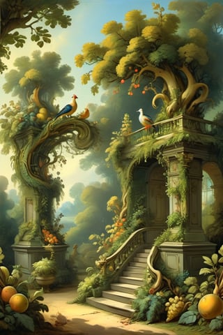 A mystical greenery garden, masterful whimsical topiary sculptures, baroque style vases, fruits, flowers, esotic birds, (multiple fantastic spirals of branches and leaves:1.9), dreamy atmosphere, golden vibes, romantic landscape. Masterpiece, rococo style, painted by Jean-Honoré Fragonard and Daniel Merriam