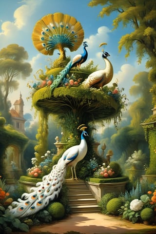 A mystical greenery garden, masterful whimsical topiary sculptures, flowers, a majestic awesome white peacock at the center of the scene. Dreamy atmosphere, golden vibes, romantic landscape. Masterpiece, rococo style, painted by Jean-Honoré Fragonard and Michael Cheval