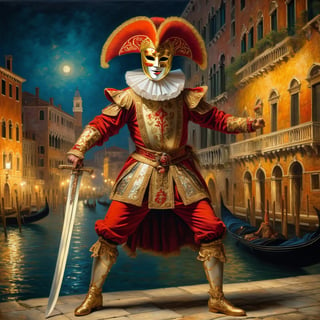 
A full body representation of a swordsman wearing a red and gold Venetian mask, dynamic pose, intricate, colorful, fine facial details, Venice city by night on background, sharp focus, aged oil painting in the style of rembrandt