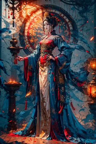 Full body shot of a character standing in majestic pose, hyper realistic representation of a fantasy chinese empress with the most sumptuous wedding hanfu dress made of black and (red:1.4) silk and richly embroidered with gold and silver threads, wide sleeves, intricately carved golden badges and tassels, dark gothic cathedral background, rock magic circle, mandala. Art by Yoshitaka Amano, Zhong Fenghua, stunning interpretive visual, gothic regal, colorful, realistic eyes, dreamy magical atmosphere, (film grain), (warm hue, warm tone), cinematic light, side lightings,zhongfenghua,horror (theme)