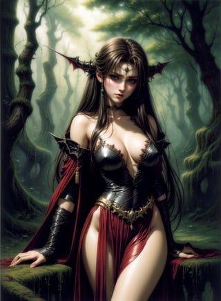 A vampire queen by Luis Royo, languid gaze, greenery forest background 