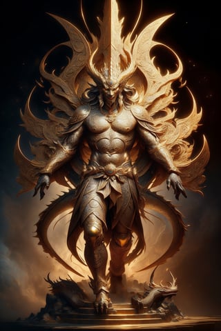 1 chinese full body God with dragon hyperdetailed black bronze sculpture, perfect face, cinematic pose, (masterful:1.3), in the ancient style of the best chinese art, detailed and intricate, golden line, complex background, golden intricately detailed background, black color,bg_imgs,dragon,DonM0ccul7Ru57