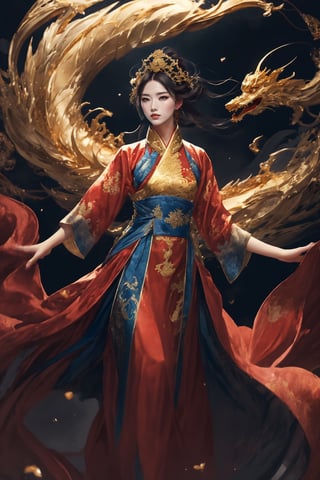 masterpiece, top quality, best quality, official art, beautiful and aesthetic:1.2), chinese empress, chinese goddess, black color long hair, red silk hanfu fashion, approaching to perfection chinese dragon, golden line, ultra-high quality, photorealistic, sky background, dynamic pose, icemagicAI