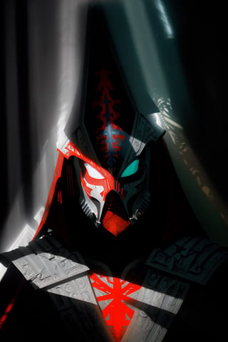 Fantasy surreal Eldar harlequin, white mask and high surreal helmet, vivid colors red white light blue, (chiaroscuro:1.8), intricate details, highly detailed, slate atmosphere, cinematic, dimmed colors, dark shot, muted colors, film grain, lut, spooky, depth blur, dark background, 3d style