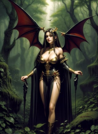 A large winged vampire queen by Luis Royo, richly golden jeweled, greenery forest background