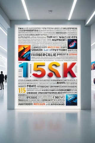 Front view of a futuristic museal artwork with the large text "15K", displayed on the white wall inside a futuristic museum. Bright colors, surrealist, close shot. ,dvr-txt