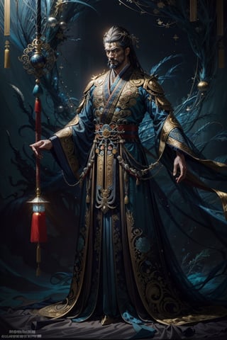 Full body shot of a character standing in majestic pose, realistic representation of a fantasy chinese emperor, with the most sumptuous wedding hanfu suit made of dark blue silk and richly embroidered with gold and silver threads, intricately carved golden badges and tassels. Under the sea background, magic circles. Art by Yoshitaka Amano, Huang Guangjian, Zhong Fenghua, stunning interpretive visual, gothic regal, colorful, realistic eyes, dreamy magical atmosphere, (film grain), (warm hue, warm tone), cinematic light, side lightings,zhongfenghua,gu,weapon