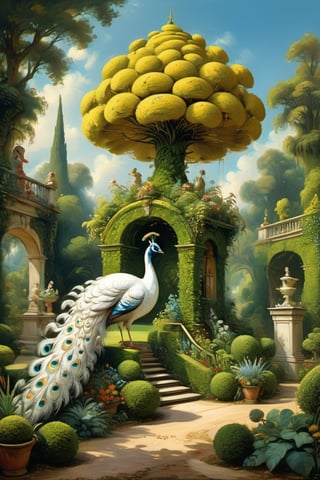 A mystical greenery garden, masterful whimsical topiary sculptures, flowers, one majestic awesome (white:1.2) peacock doing cartwheel at the center of the scene. Dreamy atmosphere, golden vibes, romantic landscape. Masterpiece, rococo style, painted by Jean-Honoré Fragonard and Michael Cheval