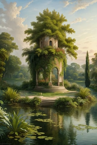 A fantastic greenery ancient garden with a pond in the center and a small French castle style tower in the center of the pond. A masterpiece painted by Claude Lorrain and Jean-Honoré Fragonard, highly detailed leaves, (surreal:1.4) atmosphere, romantic landscape,island