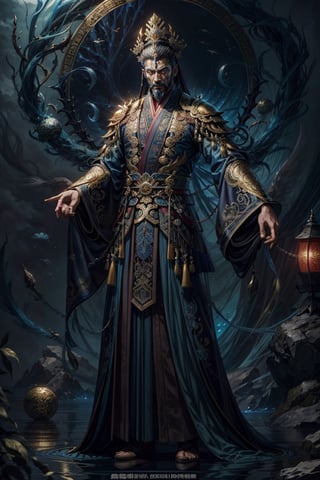 Full body shot of a character standing in majestic pose, realistic representation of a fantasy chinese emperor, with the most sumptuous wedding hanfu suit made of dark blue silk and richly embroidered with gold and silver threads, intricately carved golden badges and tassels. Under the sea background, magic circles. Art by Yoshitaka Amano, Huang Guangjian, Zhong Fenghua, stunning interpretive visual, gothic regal, colorful, realistic eyes, dreamy magical atmosphere, (film grain), (warm hue, warm tone), cinematic light, side lightings,zhongfenghua,gu,weapon