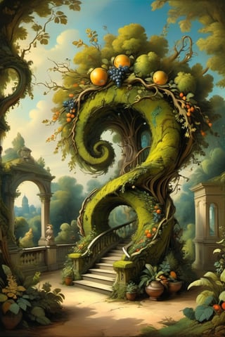 A mystical greenery garden, masterful whimsical topiary sculptures, baroque style vases, fruits, flowers, esotic birds, (multiple fantastic spirals of branches and leaves:1.9), dreamy atmosphere, golden vibes, romantic landscape. Masterpiece, rococo style, painted by Jean-Honoré Fragonard and Esao Andrews