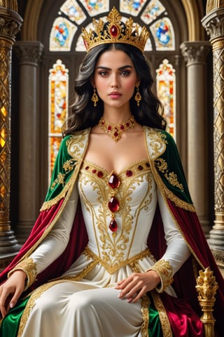 Detailed hyperrealistic full body shot of a female character named Sibyl represesenting a beautiful golden crowned princess. She is the most beautiful woman in the world and is (cinematically seated on an intricately carved high throne:1.6), inside a (gothic cathedral:1.6) with many (stained glasses:1.7). Sibyl has black hair, young looking smiling face, (shining black eyes:1.2), (symmetrical eyes:1.6), makeup, tender gaze. She wears white velvet dress, crystal and gold ornated, (rich baroque style jewels:1.8) adorned with (many rubies:1.6), green velvet (cape:1.4) lined with red silk, large  sleeves, wide skirt covering legs completely. (Masterpiece:1.8), golden line, intricate, elegant, highly detailed, (light particles:1.2), golden light, golden hour, sharp focus, 8k, canon eos 450D, crystalz,photo_b00ster