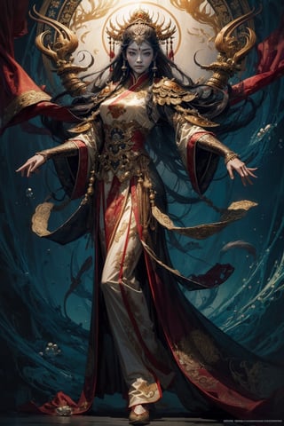 Full body shot of a character standing in majestic pose, realistic representation of a fantasy chinese empress, with the most sumptuous wedding hanfu dress made of white silk and richly embroidered with gold and silver threads, intricately carved golden badges and tassels. Under the sea background, magic circles. Art by Yoshitaka Amano, Huang Guangjian, Zhong Fenghua, stunning interpretive visual, gothic regal, colorful, realistic eyes, dreamy magical atmosphere, (film grain), (warm hue, warm tone), cinematic light, side lightings,zhongfenghua,gu,weapon