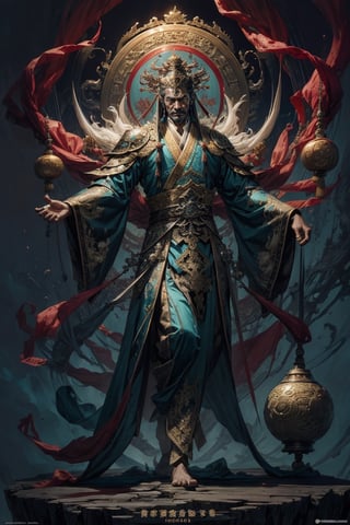 Full body shot of a character standing in majestic pose, realistic representation of a fantasy chinese god, with the most sumptuous wedding hanfu suit made of white silk and richly embroidered with gold and silver threads, intricately carved golden badges and tassels. Under the sea background, magic circles. Art by Yoshitaka Amano, Huang Guangjian, Zhong Fenghua, stunning interpretive visual, gothic regal, colorful, realistic eyes, dreamy magical atmosphere, (film grain), (warm hue, warm tone), cinematic light, side lightings,zhongfenghua,gu,weapon