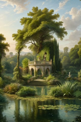 A fantastic greenery ancient garden with a pond in the center and a small French castle style tower in the center of the pond. A masterpiece painted by Claude Lorrain and Jean-Honoré Fragonard, highly detailed leaves, (surreal:1.4) atmosphere, romantic landscape,island