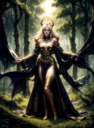 A vampire queen by Luis Royo, richly golden jeweled, standing in majestic pose, greenery forest background