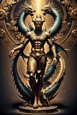 1 chinese full body God with dragon hyperdetailed black bronze sculpture, perfect face, cinematic pose, (masterful:1.3), in the ancient style of the best chinese art, detailed and intricate, golden line, complex background, golden intricately detailed background, black color,bg_imgs,dragon,DonM0ccul7Ru57,<lora:659111690174031528:1.0>