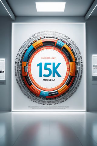 Front view of a futuristic museal artwork with the large text "15K", displayed on the white wall inside a futuristic museum. Bright colors, surrealist, close shot. ,dvr-txt