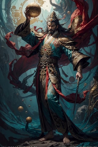 Full body shot of a character standing in majestic pose, realistic representation of a fantasy chinese god, with the most sumptuous wedding hanfu suit made of white silk and richly embroidered with gold and silver threads, intricately carved golden badges and tassels. Under the sea background, magic circles. Art by Yoshitaka Amano, Huang Guangjian, Zhong Fenghua, stunning interpretive visual, gothic regal, colorful, realistic eyes, dreamy magical atmosphere, (film grain), (warm hue, warm tone), cinematic light, side lightings,zhongfenghua,gu,weapon