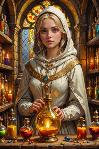 Photorealistic, Award Winning, Ultra Realistic, 8k, of a very light complexion 25 years old good sweet girl preparing potions in her study. She has blonde hair and wears a medieval white dress with hood and tippet, richly silver embroidered. Medieval atmosphere. Golden line, liquid gold. On background we see one yellow and orange stained glasses window lighting an old castle room, (many bright colored potion ampoules) on the shelves. Masterpiece, ultra highly detailed, Dynamic Poses, Alluring, Amazing, Excellent, Detailed Face, Beautiful Symmetric Eyes, Heavenly, Very Refined, dark golden light,digital painting,crystalz,Decora_SWstyle,art_booster