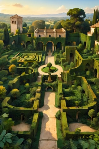 A surreal ancient garden with a medieval high hedge maze, many paths that intersect. A masterpiece painted by Claude Lorrain, highly detailed leaves, golden hour, romantic landscape, Architectural100,itacstl