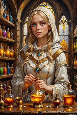 Photorealistic, Award Winning, Ultra Realistic, 8k, of a very light-skinned 25 years old good sweet girl preparing potions in her study. She has blonde hair and wears a medieval white dress with hood and tippet, richly silver embroidered. Medieval atmosphere. Golden line, liquid gold. On background we see one yellow and orange stained glasses window lighting an old castle room, (many bright colored potion ampoules) on the shelves. Masterpiece, ultra highly detailed, Dynamic Poses, Alluring, Amazing, Excellent, Detailed Face, Beautiful Symmetric Eyes, Heavenly, Very Refined, dark golden light,digital painting,crystalz,Decora_SWstyle,art_booster