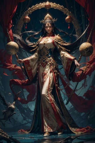 Full body shot of a character standing in majestic pose, realistic representation of a fantasy chinese empress, with the most sumptuous wedding hanfu dress made of white silk and richly embroidered with gold and silver threads, intricately carved golden badges and tassels. Under the sea background, magic circles. Art by Yoshitaka Amano, Huang Guangjian, Zhong Fenghua, stunning interpretive visual, gothic regal, colorful, realistic eyes, dreamy magical atmosphere, (film grain), (warm hue, warm tone), cinematic light, side lightings,zhongfenghua,gu,weapon