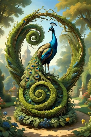 A mystical greenery garden, masterful whimsical topiary sculptures, flowers, a majestic awesome peacock at the center of thescene. (Multiple fantastic spirals of branches and leaves:1.9), dreamy atmosphere, golden vibes, romantic landscape. Masterpiece, rococo style, painted by Jean-Honoré Fragonard and Michael Cheval