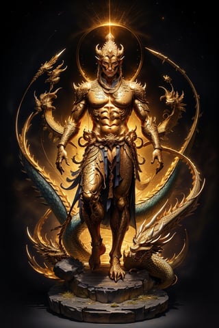 1 chinese full body God with dragon hyperdetailed dark bronze sculpture, perfect face, (masterful:1.3), in the ancient style of the best chinese art, detailed and intricate, golden line, complex background, golden intricately detailed background, black color,bg_imgs,dragon