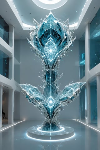 Front view of a museal sculpture displayed on a futuristic pedestal in the white room inside a futuristic museum. BREAK The artwork is (an amazing and captivating abstract sculpture:1.4), (trendwhore style:1.4), deconstructivism, shattered reality, glow, spark, (2004 aesthetics:1.2),(beautiful vector shapes:1.3), pale blue topaz theme. Abstract fractal AI generated shape, gradient background, sharp details. Highest quality, detailed and intricate, original artwork, trendy, vector art, vintage, award-winning, artint, LW. BREAK wide shot, sharp focus, bright white room,noc-wfhlgr