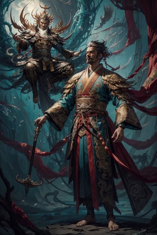 Full body shot of a character standing in majestic pose, realistic representation of a fantasy chinese god, with the most sumptuous wedding hanfu suit made of white silk and richly embroidered with gold and silver threads, intricately carved golden badges and tassels. Under the sea background, magic circles. Art by Yoshitaka Amano, Huang Guangjian, Zhong Fenghua, stunning interpretive visual, gothic regal, colorful, realistic eyes, dreamy magical atmosphere, (film grain), (warm hue, warm tone), cinematic light, side lightings,zhongfenghua,gu,weapon