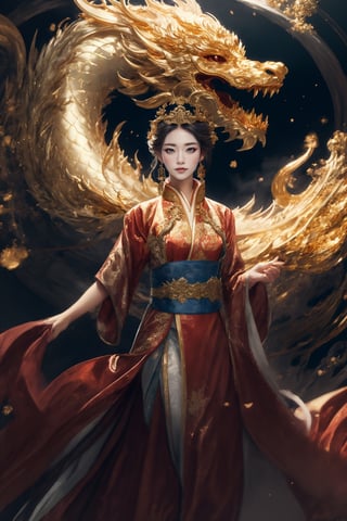 masterpiece, top quality, best quality, official art, beautiful and aesthetic:1.2), chinese empress, chinese goddess, black color long hair, red silk wedding imperial hanfu, approaching to perfection chinese dragon, golden line, ultra-high quality, photorealistic, sky background, dynamic pose, icemagicAI
