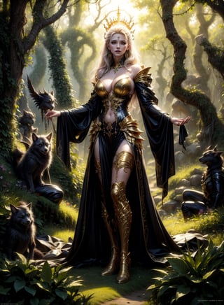 A vampire queen by Luis Royo, richly golden jeweled, fine leather dressed, standing in majestic pose, greenery forest background