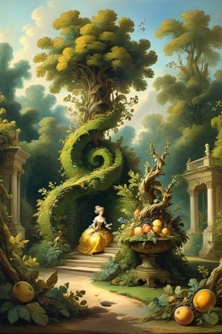 A mystical greenery garden, masterful whimsical topiary sculptures, baroque style vases, fruits, flowers, esotic birds, (multiple fantastic spirals of branches and leaves:1.9), dreamy atmosphere, golden vibes, romantic landscape. Masterpiece, rococo style, painted by Jean-Honoré Fragonard