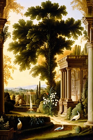 An ultra higly detailed ancient greenery garden with sumptuous masterpieces of topiary art. A masterpiece painted by Claude Lorrain, highly detailed leaves and a (white peacock:1.4) at the center of the scene. Golden hour, romantic landscape,  Architectural100, on parchment