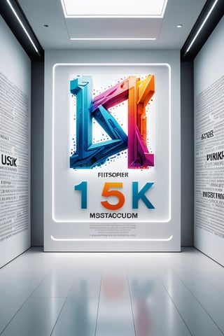 Front view of a futuristic museal artwork with the text "15K", displayed on the white wall inside a futuristic museum. Bright colors, surrealist, close shot. ,dvr-txt