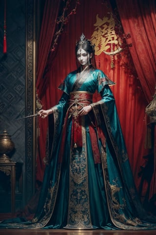 Dark Gothic Light, bokeh, full body shot of a character standing in majestic pose, realistic representation of a fantasy chinese empress with the most sumptuous wedding hanfu dress made of red silk and richly embroidered with gold and silver threads, intricately carved golden badges and tassels. Art by Yoshitaka Amano, Huang Guangjian, Zhong Fenghua, stunning interpretive visual, gothic regal, colorful, realistic eyes, dreamy magical atmosphere, (film grain), (warm hue, warm tone), cinematic light, side lightings,weapon
