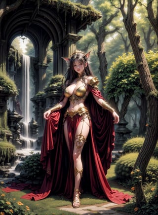 A vampire queen by Luis Royo, richly golden jeweled, standing in majestic pose, greenery forest background, AgoonGirl