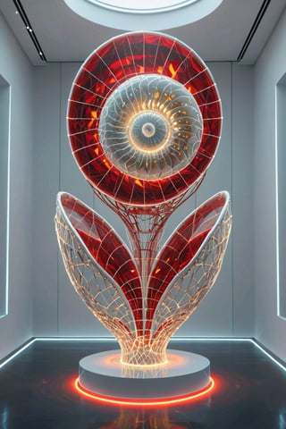 Front view of a museal sculpture displayed on a futuristic pedestal in the white room inside a futuristic museum. BREAK The artwork is an amazing and captivating glass abstract sculpture, with a sea nautilus shell, (kinetic elements:1.4), glow, spark. (Red:0.6) and golden theme. Abstract fractal AI generated shape, sharp details, intricate and thick golden wireframes. Highest quality, detailed and intricate, original artwork, trendy, award-winning, artint, noc-wfhlgr, art_booster. BREAK wide shot, sharp focus, bright white room