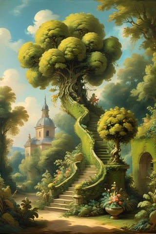 A mystical greenery garden, masterful whimsical topiary sculptures, multiple fantastic spirals of branches and leaves, dreamy atmosphere, golden vibes, romantic landscape. Masterpiece, rococo style, painted by Jean-Honoré Fragonard